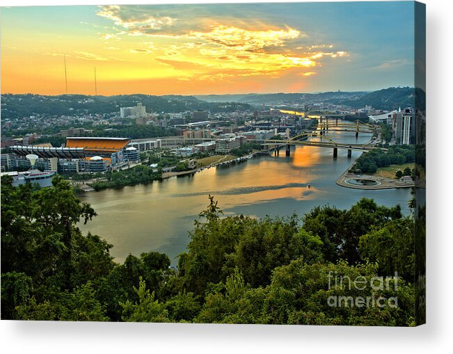 Pittsburgh Acrylic Print featuring the photograph From Acrisure Stadium To The Point Sunrise by Adam Jewell