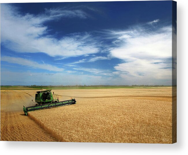 John Deere Acrylic Print featuring the photograph Full Hopper - John Deere combine harvesting wheat on rolling ND prairie by Peter Herman