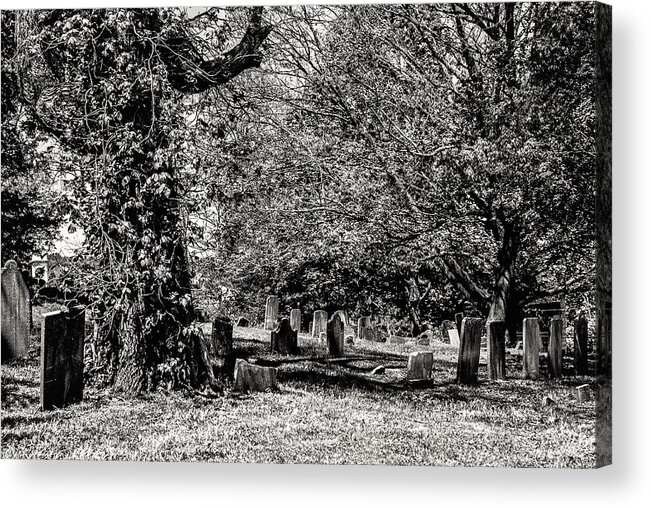 Grave Yard Tombstones Trees B&w Acrylic Print featuring the photograph Grave Yard1 by John Linnemeyer