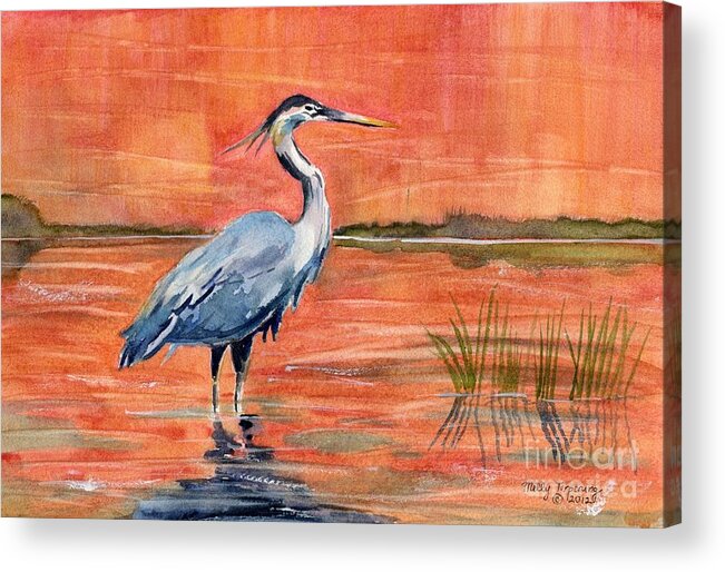 Great Blue Heron Acrylic Print featuring the painting Great Blue Heron in Marsh by Melly Terpening