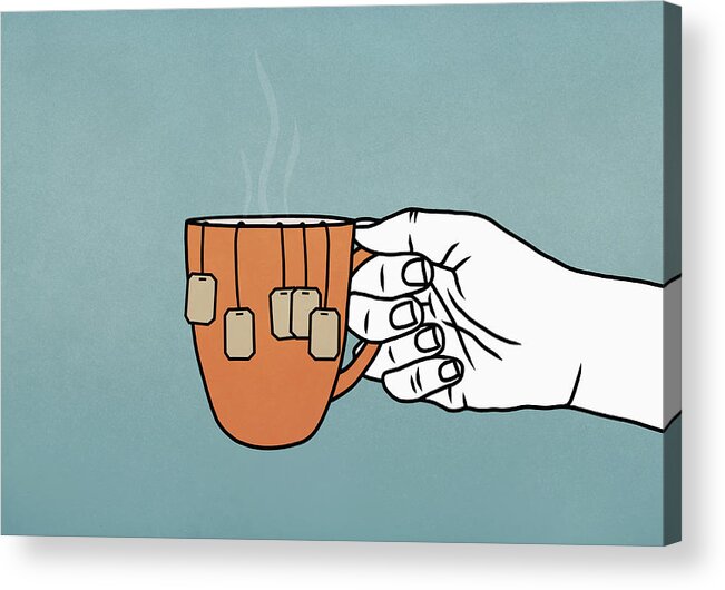 Working Acrylic Print featuring the drawing Hand holding mug with many tea bags by Malte Mueller