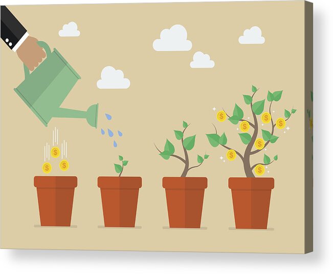 New Business Acrylic Print featuring the drawing Hand with can watering money tree by Siraanamwong