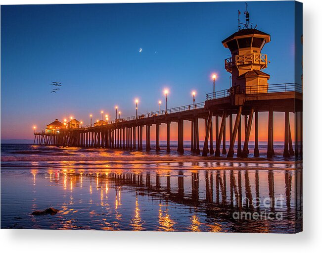 Huntington Beach Pier Lit At Night Acrylic Print featuring the photograph Huntington Beach Pier Lit at Night by David Zanzinger