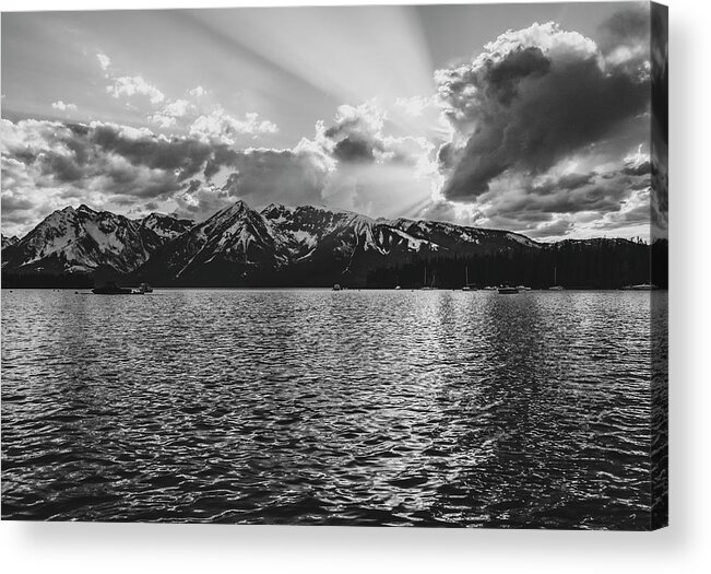 Colter Bay Reflections Black And White Acrylic Print featuring the photograph Jackson Lake Grand Tetons Black And White Light by Dan Sproul