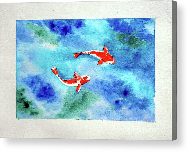 Watercolor Acrylic Print featuring the painting Koi in Pond by Rohvannyn Shaw