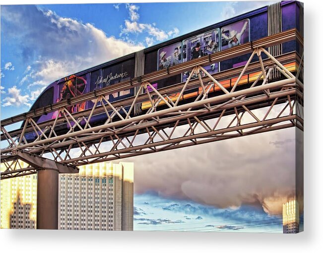 Las Vegas Monorail Acrylic Print featuring the photograph Las Vegas Monorail riding above the city by Tatiana Travelways