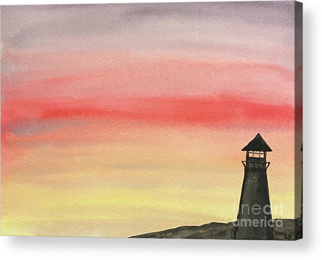 Sunset Acrylic Print featuring the painting Lighthouse at Sunset by Lisa Neuman