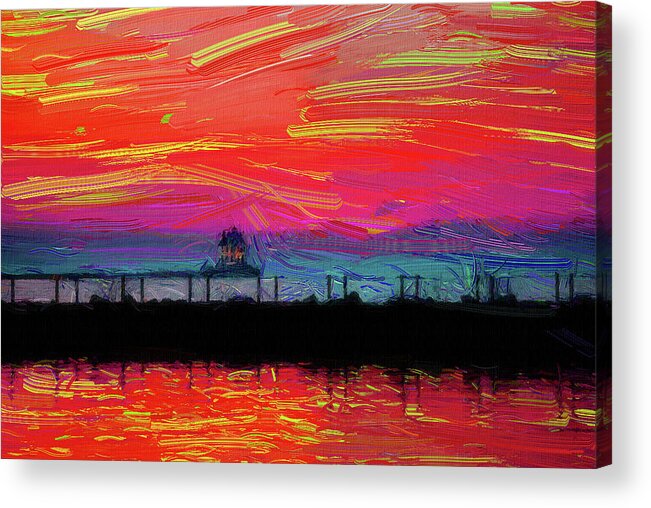 Oil On Canvas Acrylic Print featuring the digital art lorain Lighthouse, Oil Painting ca 2020 by Ahmet Asar by Celestial Images
