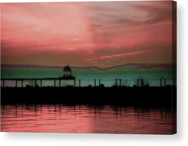 Oil On Canvas Acrylic Print featuring the digital art lorain Lighthouse - Surreal Art by Ahmet Asar by Celestial Images