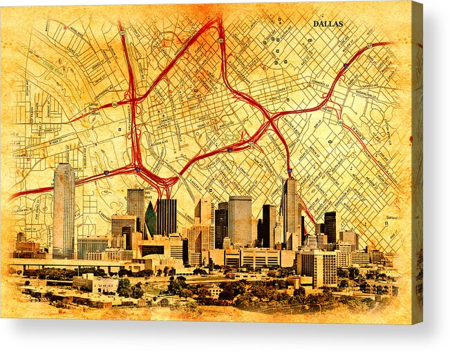 Dallas Acrylic Print featuring the digital art Map of Downtown Dallas with the skyline of the city blended on old paper by Nicko Prints