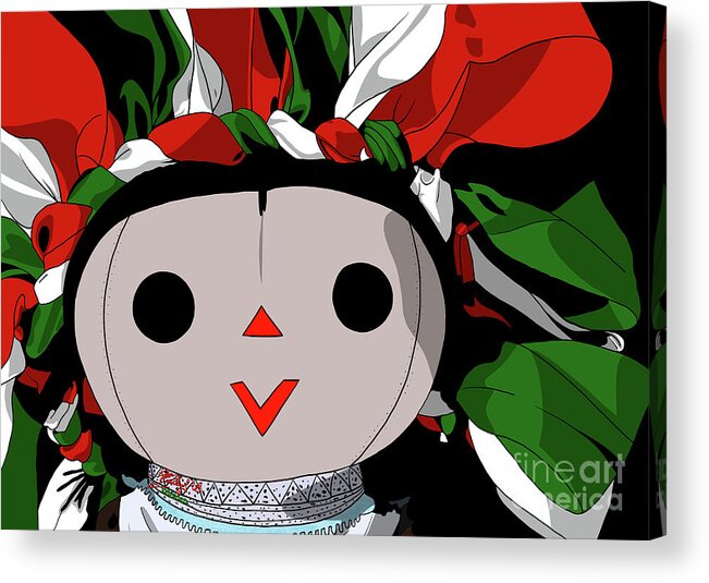 Mazahua Acrylic Print featuring the digital art Maria Doll green white red by Marisol VB