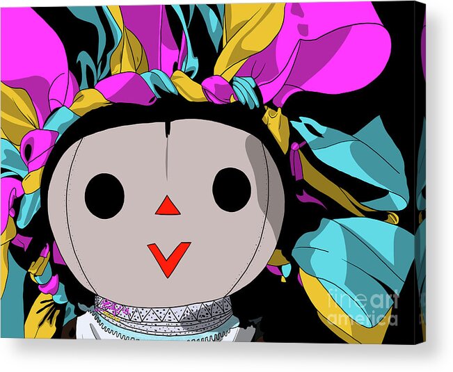 Mazahua Acrylic Print featuring the digital art Maria Doll yellow pink turquoise by Marisol VB