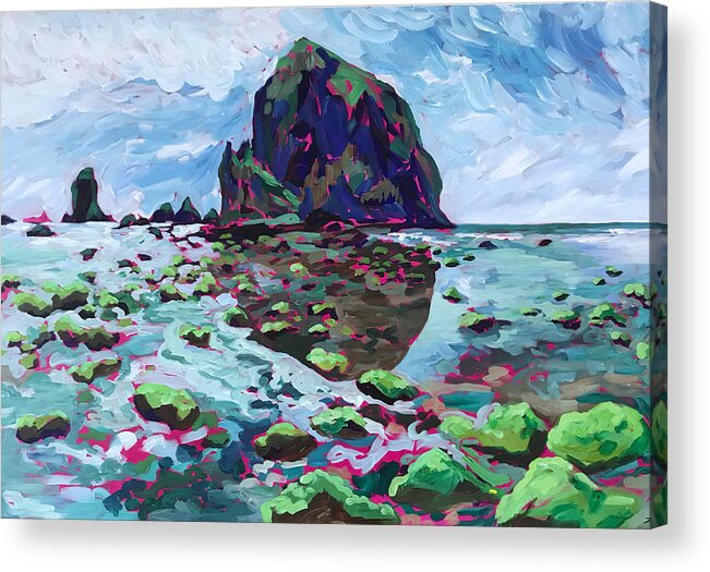 Beach Acrylic Print featuring the painting Mermaid Tidepools at Haystack Rock by Anisa Asakawa