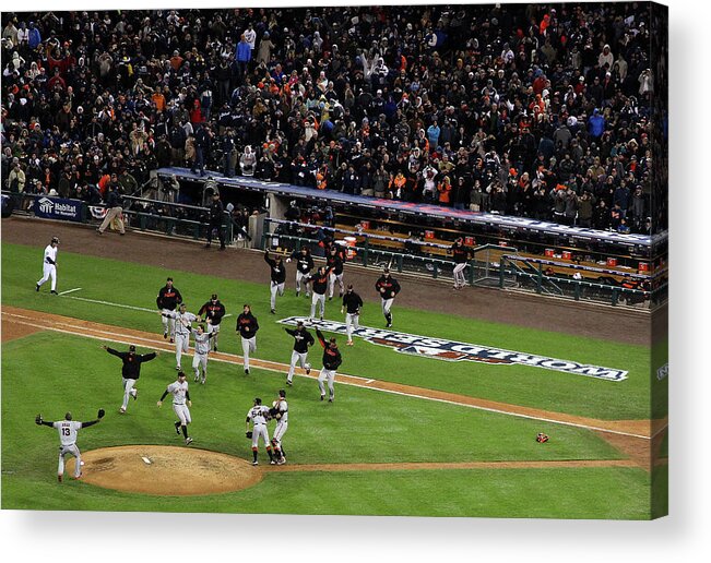 American League Baseball Acrylic Print featuring the photograph Miguel Cabrera and Sergio Romo by Christian Petersen