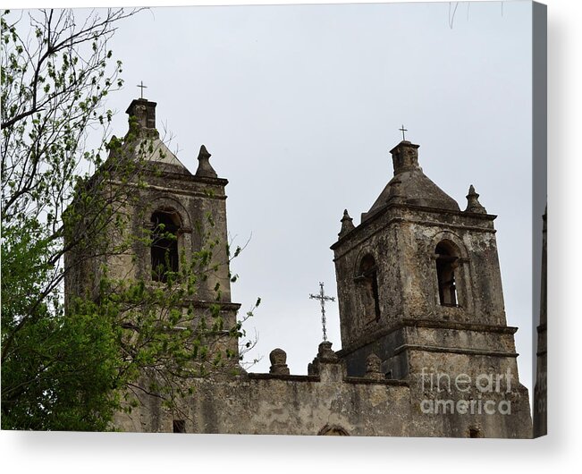 Historical Photograph Acrylic Print featuring the photograph Mission Concepcion Towers and Cross by Expressions By Stephanie