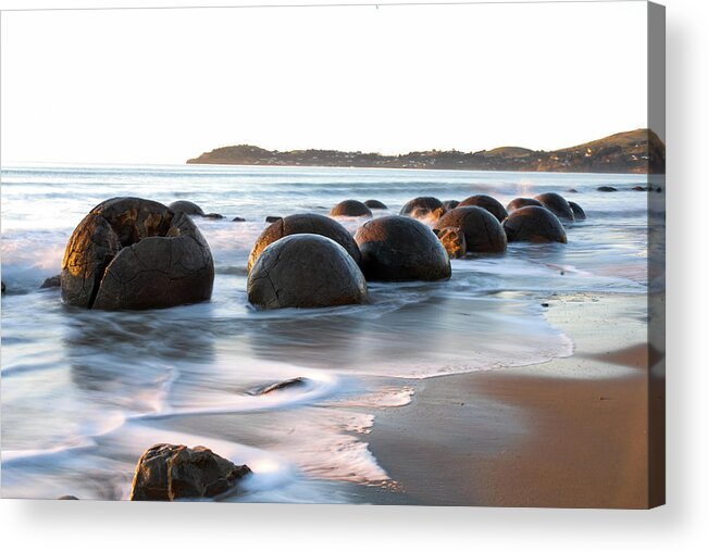 Moeraki Acrylic Print featuring the photograph Tranquility - Moeraki Boulders, South Island. New Zealand by Earth And Spirit