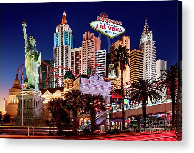 Post Card Acrylic Print featuring the photograph New York New York Casino at Dusk Post Card by Aloha Art