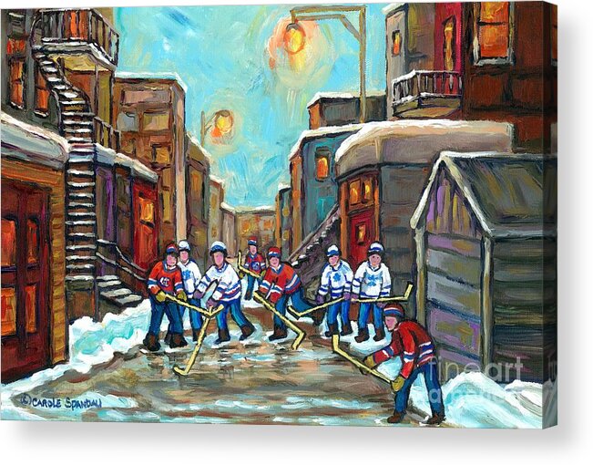 Montreal Acrylic Print featuring the painting Outremont Back Lanes Hockey Park Ex To Rosemont To Verdun Kids Winter Fun Montreal Artist C Spandau by Carole Spandau