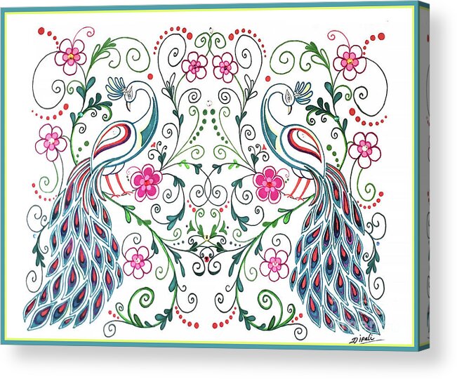 Decorative Line Art Acrylic Print featuring the mixed media Peacock wall art by Dipali Shah