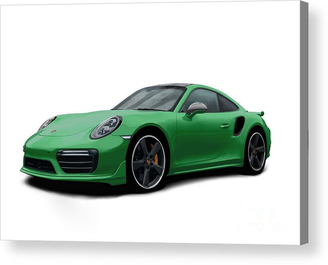 Hand Drawn Acrylic Print featuring the digital art Porsche 911 991 Turbo S Digitally Drawn - Green by Moospeed Art