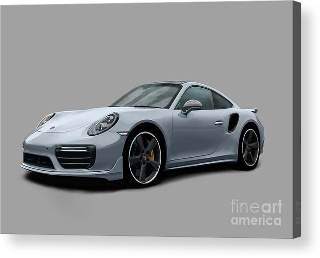 Hand Drawn Acrylic Print featuring the digital art Porsche 911 991 Turbo S Digitally Drawn - Grey by Moospeed Art