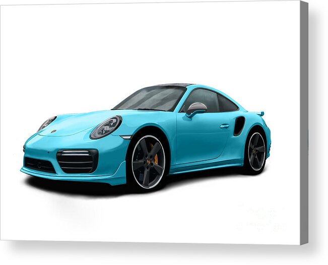 Hand Drawn Acrylic Print featuring the digital art Porsche 911 991 Turbo S Digitally Drawn - Light Blue by Moospeed Art