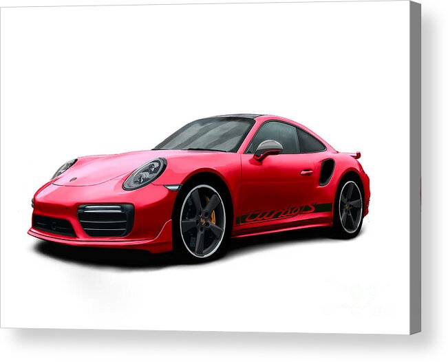 Hand Drawn Acrylic Print featuring the digital art Porsche 911 991 Turbo S Digitally Drawn - Red with side decals script by Moospeed Art