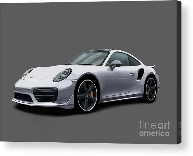 Hand Drawn Acrylic Print featuring the digital art Porsche 911 991 Turbo S Digitally Drawn - Silver by Moospeed Art