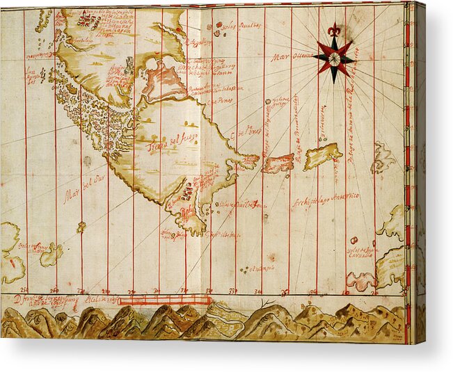 Maps Acrylic Print featuring the drawing Portuguese map of the Straits of Megellan 1630 by Vintage Maps