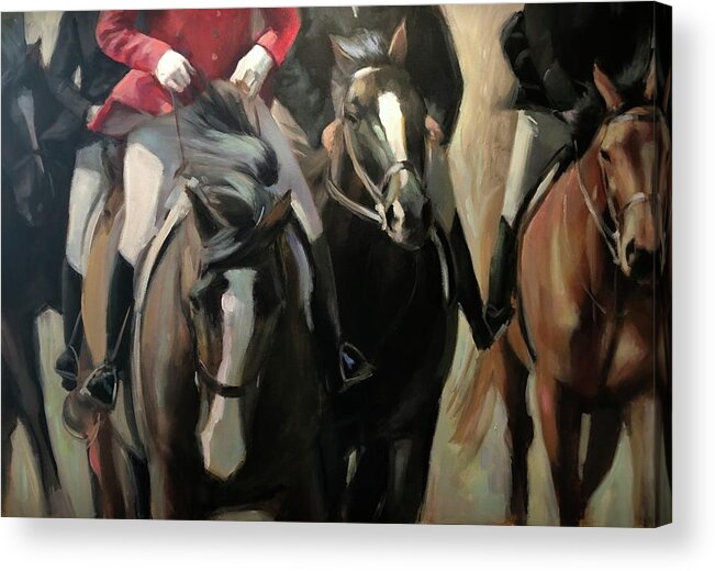 Horse Horses Foxhunt Animals Equestrian Oil Painting Contemporary Acrylic Print featuring the painting Pulling on the rein by Susan Bradbury