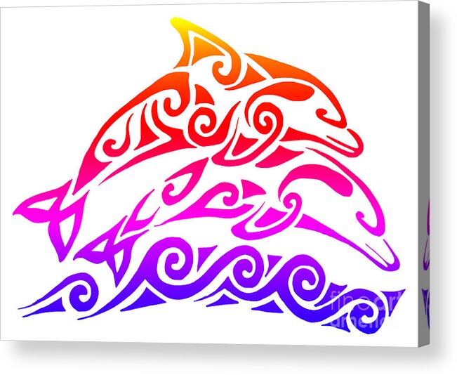 Dolphin Acrylic Print featuring the mixed media Rainbow Tribal Dolphins by Rebecca Wang