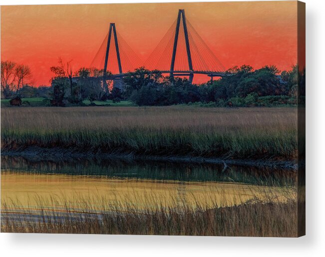 Charleston Acrylic Print featuring the photograph Ravenel Bridge Sunset by Marcy Wielfaert