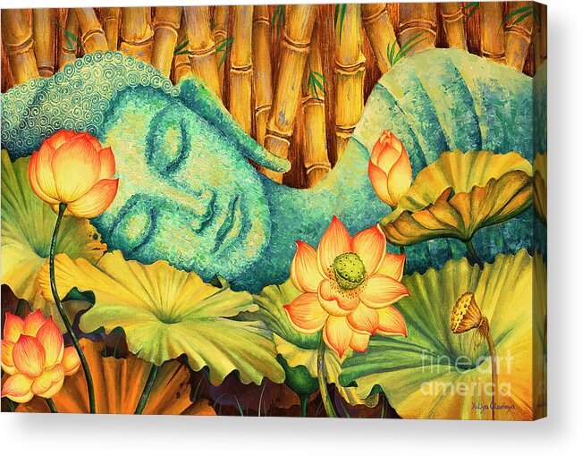 Buddha Paintings Acrylic Print featuring the painting Reclining Buddha by Yuliya Glavnaya