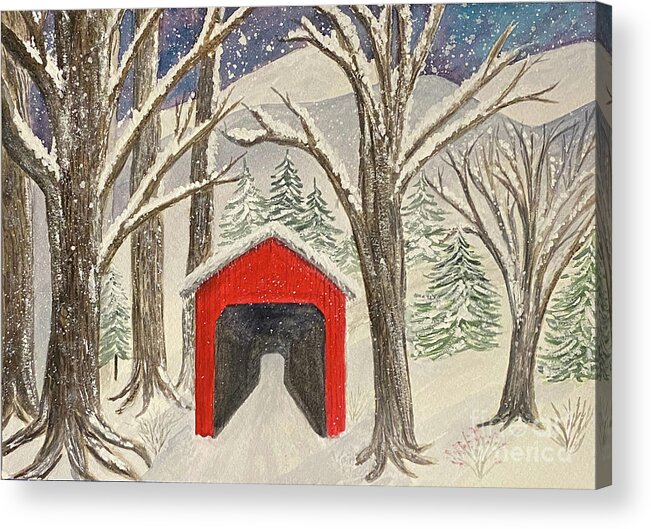 Covered Bridge Acrylic Print featuring the painting Red Bridge in the Snow by Lisa Neuman
