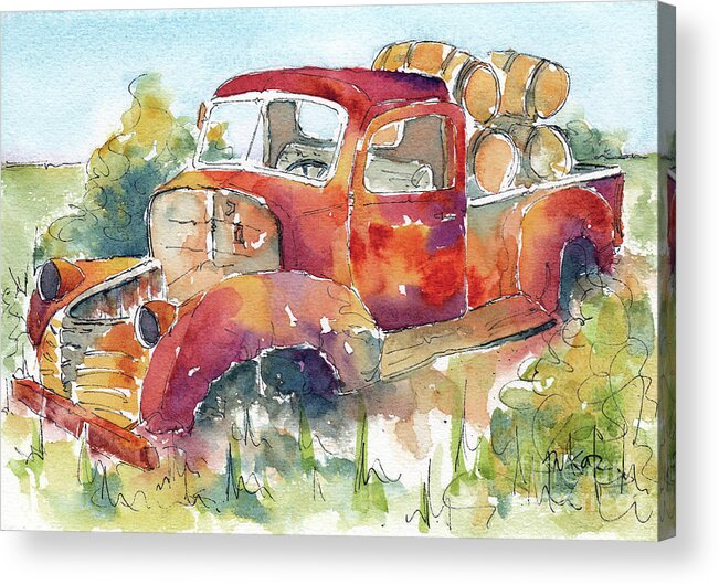 Impressionism Acrylic Print featuring the painting Red Rooster Rust Bucket by Pat Katz
