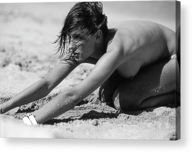 Health Acrylic Print featuring the photograph Renata Vackova Kneels in the Sand by Arthur Elgort