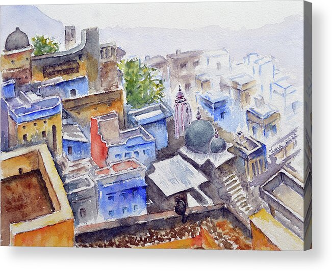  Acrylic Print featuring the painting Rooftops of Bundi - Bundi series 14 by Uma Krishnamoorthy