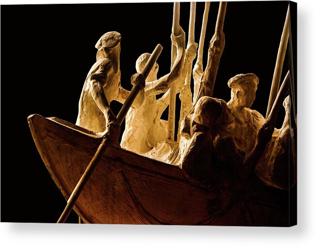 Rowing Boat Sculpture Figurine Sepia Acrylic Print featuring the photograph Rowing Sculpture1 by John Linnemeyer
