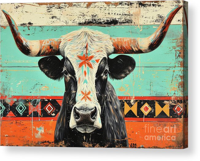 Longhorn Acrylic Print featuring the painting Rustic Longhorn by Tina LeCour
