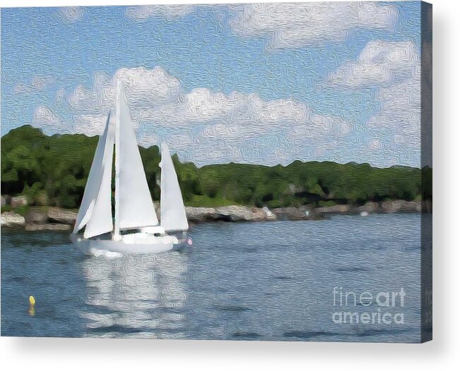 Casco Bay Acrylic Print featuring the digital art Sailboat in Casco Bay, Maine by Patti Powers