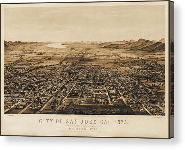 San Jose Acrylic Print featuring the photograph San Jose California Antique Map Birds Eye View 1875 Sepia by Carol Japp