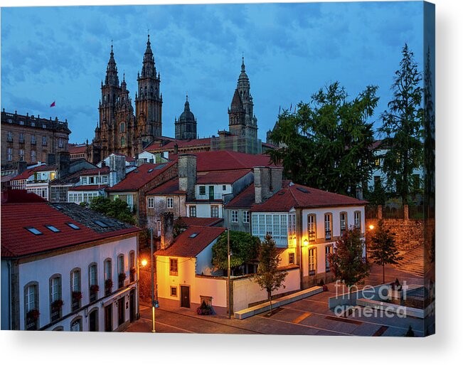Way Acrylic Print featuring the photograph Santiago de Compostela Cathedral Spectacular View by Night Dusk with Street Lights and Tiled Roofs La Corua Galicia by Pablo Avanzini