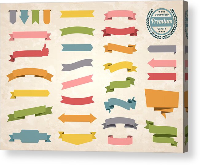 Curve Acrylic Print featuring the drawing Set of Colorful Vintage Ribbons, Banners, badges, Labels - Design Elements on retro background by Bgblue
