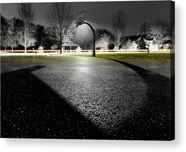 Basketball Acrylic Print featuring the photograph ShadowBall - basketball hoop in Stoughton WI casts interesting shadow on asphalt by Peter Herman