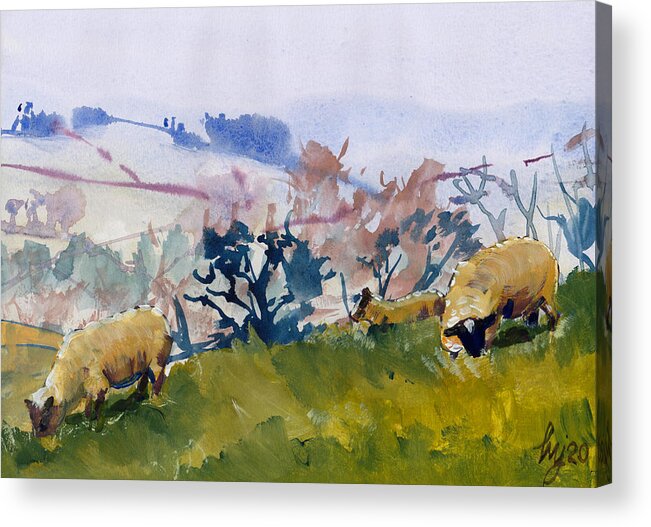 Sheep Acrylic Print featuring the painting Sheep and Dartmoor hillside landscape painting by Mike Jory