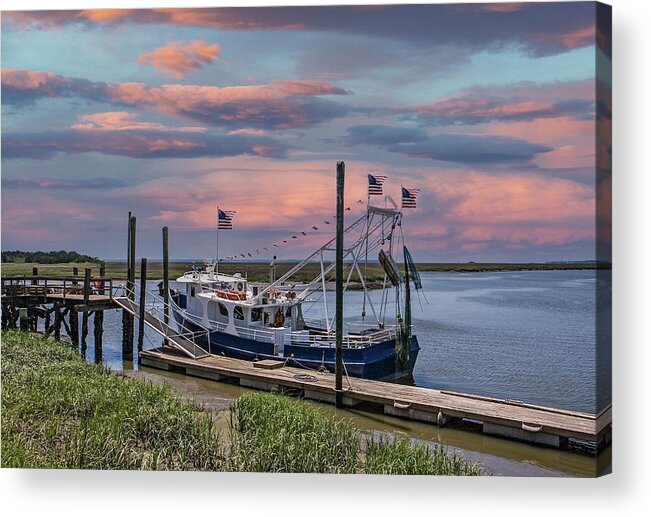 Transportation Acrylic Print featuring the photograph Shirmp Boat at Dock at Sunset by Darryl Brooks