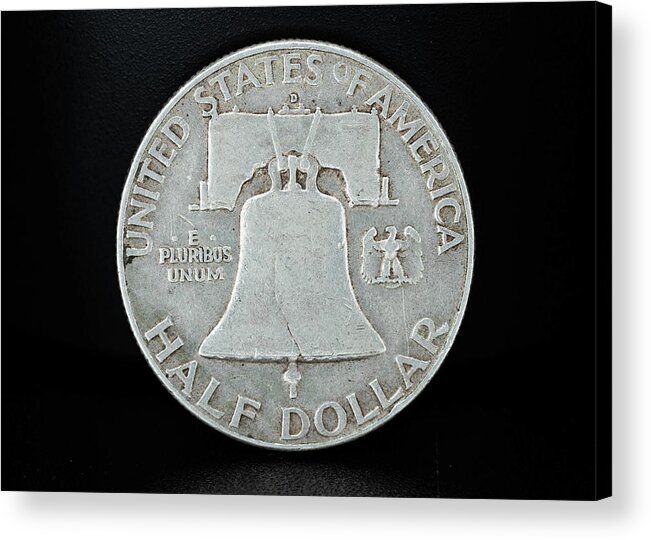 Silver Acrylic Print featuring the photograph Silver Coins Ben Franklin Half Dollar Back by Amelia Pearn