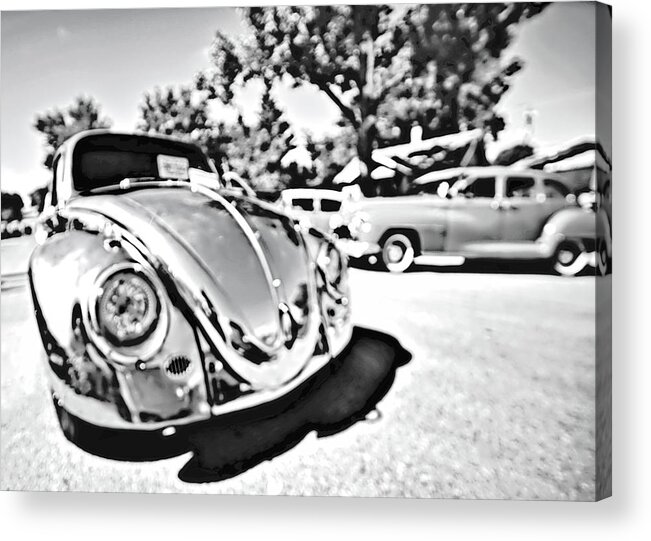 Volks Wagon Acrylic Print featuring the photograph Silver Shine VW Beetle bw by Cathy Anderson