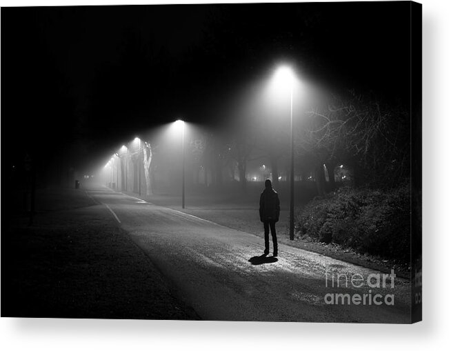 Alone Acrylic Print featuring the photograph Single Person Walking on Illuminated Street in the Dark Night by Andreas Berthold