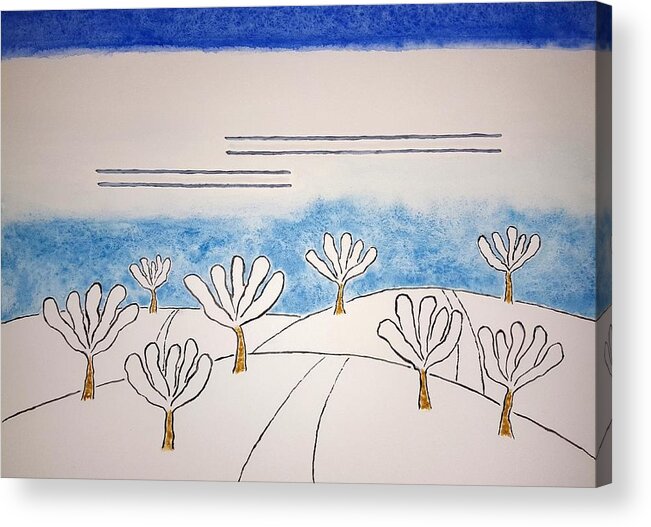 Watercolor Acrylic Print featuring the painting Snowy Orchard by John Klobucher